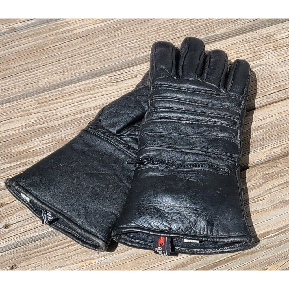 Black Leather Gauntlet Motorcycle/Snowmobile Gloves w/ Rain Mittens Size Med.